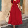 Womens Spring Dresses 2025 Casual Short Sleeve V Neck Drawstring Wedding Guest Maxi Dresses Boho Beach Long Dress