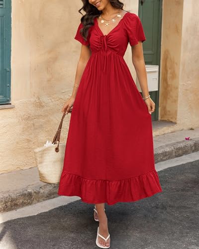 Womens Spring Dresses 2025 Casual Short Sleeve V Neck Drawstring Wedding Guest Maxi Dresses Boho Beach Long Dress