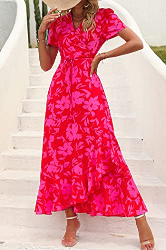 Women's Summer Maxi Dress Casual Wrap Floral Boho Short Sleeve V Neck Split Ruffle Beach Long Dresses