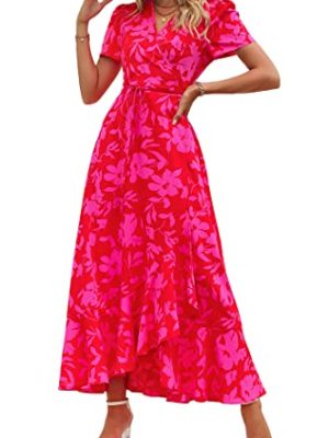 Women's Summer Maxi Dress Casual Wrap Floral Boho Short Sleeve V Neck Split Ruffle Beach Long Dresses