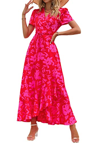 Women's Summer Maxi Dress Casual Wrap Floral Boho Short Sleeve V Neck Split Ruffle Beach Long Dresses