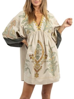 Print Dresses for Women with V-Neck Summer Cotton 3/4 Sleeves Casual Loose Fit Boho Vintage Floral Tunic Dress 2025