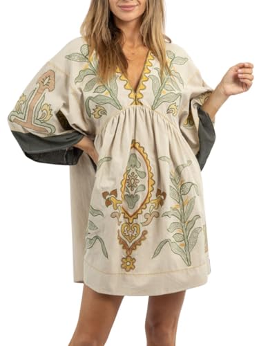 Print Dresses for Women with V-Neck Summer Cotton 3/4 Sleeves Casual Loose Fit Boho Vintage Floral Tunic Dress 2025