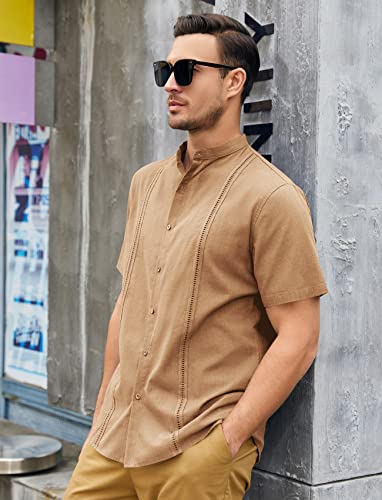 Mens Guayabera Shirts Linen Short Sleeve Button Down Casual Beach Cuban Camp Mexican Shirt for Men