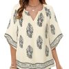Womens 3/4 Sleeve V Neck Bohemian Peasant Blouses Casual Loose Fit Tunic Tops
