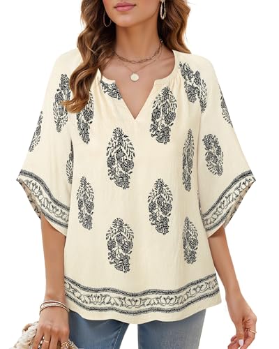 Womens 3/4 Sleeve V Neck Bohemian Peasant Blouses Casual Loose Fit Tunic Tops