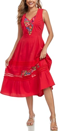 Women's Mexican Dress Floral Embroidered Casual Lace Ruffle Maxi Dress
