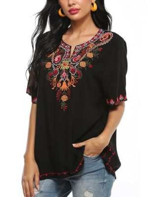 Mexican Embroidered Tops for Women Bohemian Peasant Shirts Boho Tunic Traditional Clothes Floral Fiesta Blouse