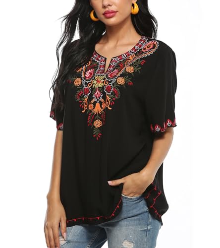 Mexican Embroidered Tops for Women Bohemian Peasant Shirts Boho Tunic Traditional Clothes Floral Fiesta Blouse