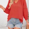 Womens 3/4 Sleeve Tops Pleated Business Casual Outifits V Neck Blouses Office Loose Shirts