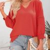 Womens 3/4 Sleeve Tops Pleated Business Casual Outifits V Neck Blouses Office Loose Shirts
