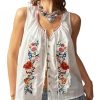 Women's Floral Embroidered Tops Y2K Sleeveless Scoop Neck Button Down Tank Top