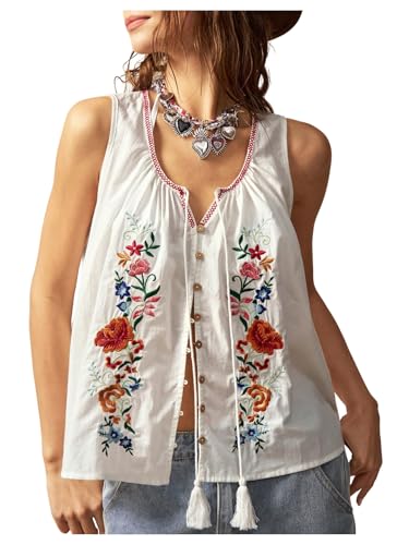 Women's Floral Embroidered Tops Y2K Sleeveless Scoop Neck Button Down Tank Top