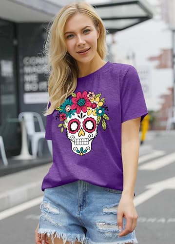 Dia De Los Muertos Shirt for Women Sugar Skull Tshirts Day of Dead T-Shirts Skull Graphic Tops