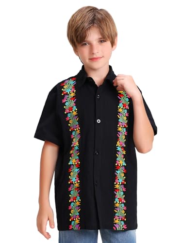 Mexican Guayabera Shirts for Boys Kid Cinco De Mayo Fiesta Traditional Embroidered Collared Short Sleeve