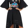 Women's Mexican Dress Casual Floral Embroidered V Neck Flowy 3/4 Sleeve Beach Sundress Cocktail Dress