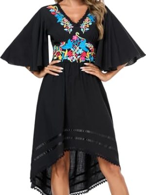 Women's Mexican Dress Casual Floral Embroidered V Neck Flowy 3/4 Sleeve Beach Sundress Cocktail Dress