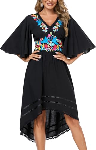 Women's Mexican Dress Casual Floral Embroidered V Neck Flowy 3/4 Sleeve Beach Sundress Cocktail Dress