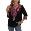 Mexican Embroidered Tops for Women Boho Floral 3/4 Sleeve Peasant Blouses Summer Casual Boho Clothes Hippie Shirt