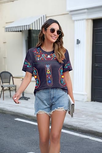 Embroidered Mexican Peasant Blouse Women Summer Boho Shirt Mexico Fiesta Short Sleeve Tops