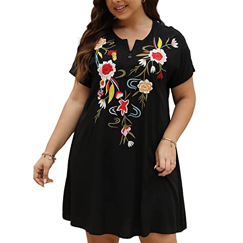 Plus Size Embroidered Dress for Women Mexican Peasant Boho Floral Tradition Fiesta Bohemian Summer Hippie Dresses