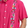 Men's Mexican Cuban Shirt Embroidered Traditional Button Down Shirt Summer Band Collar Short Sleeve Tops