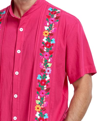 Men's Mexican Cuban Shirt Embroidered Traditional Button Down Shirt Summer Band Collar Short Sleeve Tops