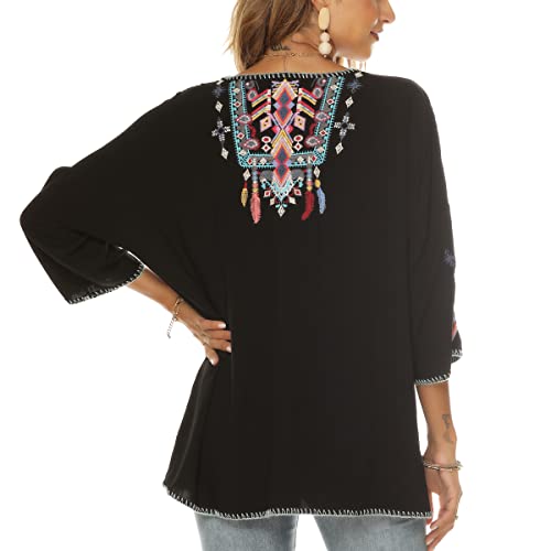 Women Mexican Embroidered Shirt for Women Bohemian Style Top Blouse 3/4 Sleeve Summer Casual Tunics