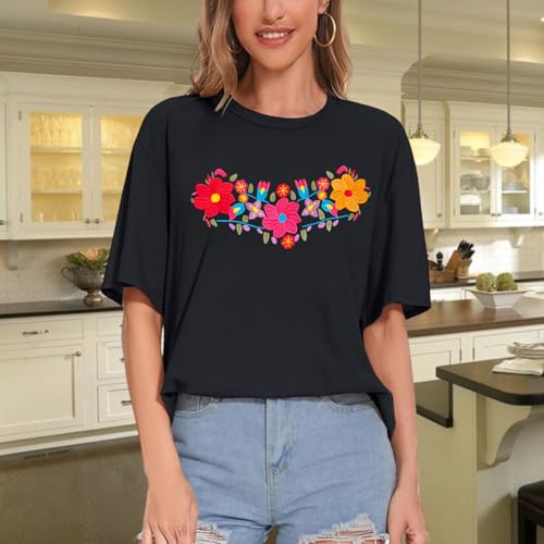 Women's Mexican Shirts Embroidered Oversized T Shirt Boho Floral Tee Vintage Flowers Graphic Tee Tops