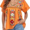 Women's Mexican V Neck Top Peasant Embroidered Blouse Traditional Summer Short Sleeve Shirt