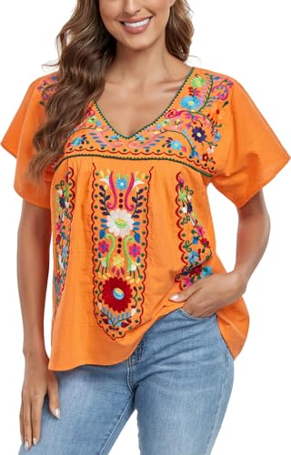 Women's Mexican V Neck Top Peasant Embroidered Blouse Traditional Summer Short Sleeve Shirt