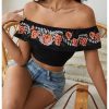 Women's Floral Embroidered Off Shoulder Ruffle Trim Crop Top Blouse Shirt