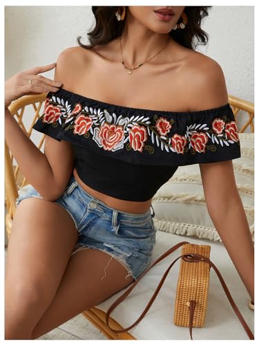 Women's Floral Embroidered Off Shoulder Ruffle Trim Crop Top Blouse Shirt