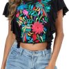 2025 Women's Embroidered Tops Boho Mexican Shirt Sexy Floral Ruffle Short Sleeve Backless Going Out Crop Tunics Top