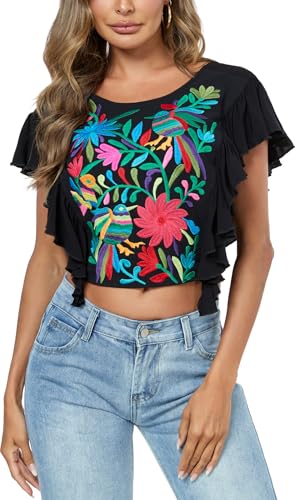 2025 Women's Embroidered Tops Boho Mexican Shirt Sexy Floral Ruffle Short Sleeve Backless Going Out Crop Tunics Top