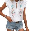 Women's Floral Embroidered V Neck Ruffle Cap Sleeve Peplum Blouse Top