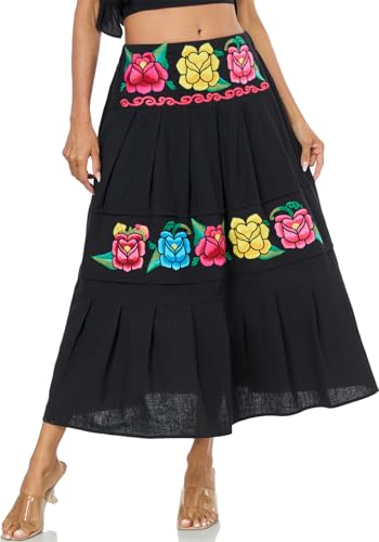 Mexican Skirts for Women Floral Embroidered Maxi Skirt Traditional Dress Fiesta Outfit