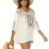 Mexican Embroidered Tops for Women Traditional Boho Tunics Bohemian Shirts Plus Size Peasant Clothes Blouses