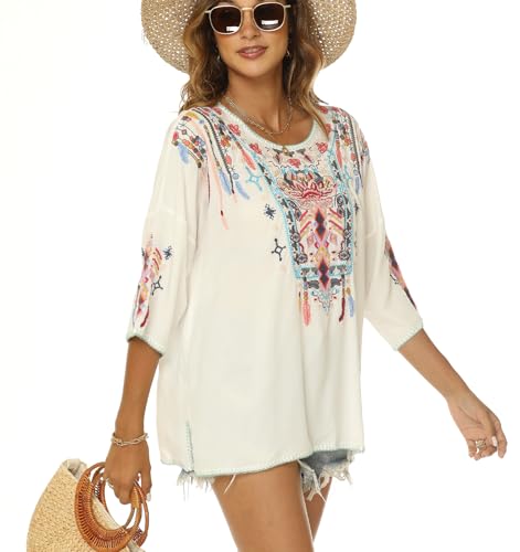 Mexican Embroidered Tops for Women Traditional Boho Tunics Bohemian Shirts Plus Size Peasant Clothes Blouses