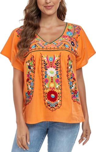 Women's Mexican V Neck Top Peasant Embroidered Blouse Traditional Summer Short Sleeve Shirt
