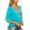 Women's Boho Embroidered Peasant Tops 3/4 Sleeve V Neck Mexican Bohemian Shirts Tunics Blouses