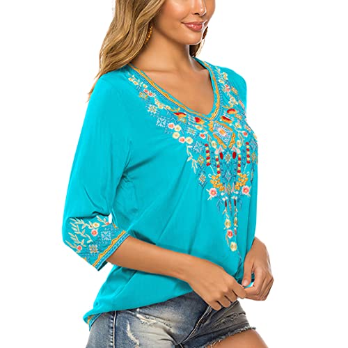 Women's Boho Embroidered Peasant Tops 3/4 Sleeve V Neck Mexican Bohemian Shirts Tunics Blouses