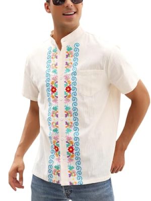 Mexican Shirts for Men Authentic Guayabera Embroidered Dress Up Fiesta Traditional Style Cinco De Mayo Button Up Shirt
