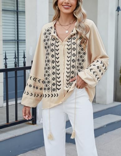 Womens Boho Embroidered Tops Floral Babydoll Tops Long Sleeve V Neck Peasant Blouses Mexican Shirt