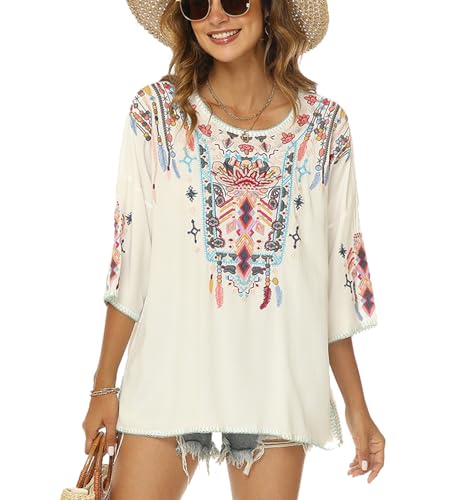 Mexican Embroidered Tops for Women Traditional Boho Tunics Bohemian Shirts Plus Size Peasant Clothes Blouses