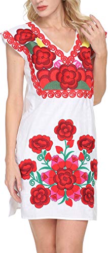 Women Mexican Embroidered Dress Ruffle Collar Sleeveless