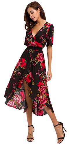 Womens Short Sleeve Floral Maxi Dress High Low V-Neck Flowy Party Long Dresses