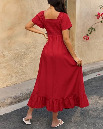 Womens Spring Dresses 2025 Casual Short Sleeve V Neck Drawstring Wedding Guest Maxi Dresses Boho Beach Long Dress