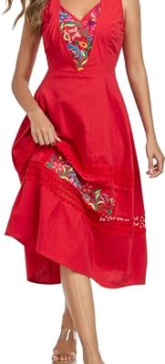 Women's Mexican Dress Floral Embroidered Casual Lace Ruffle Maxi Dress