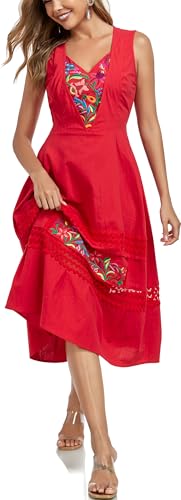 Women's Mexican Dress Floral Embroidered Casual Lace Ruffle Maxi Dress